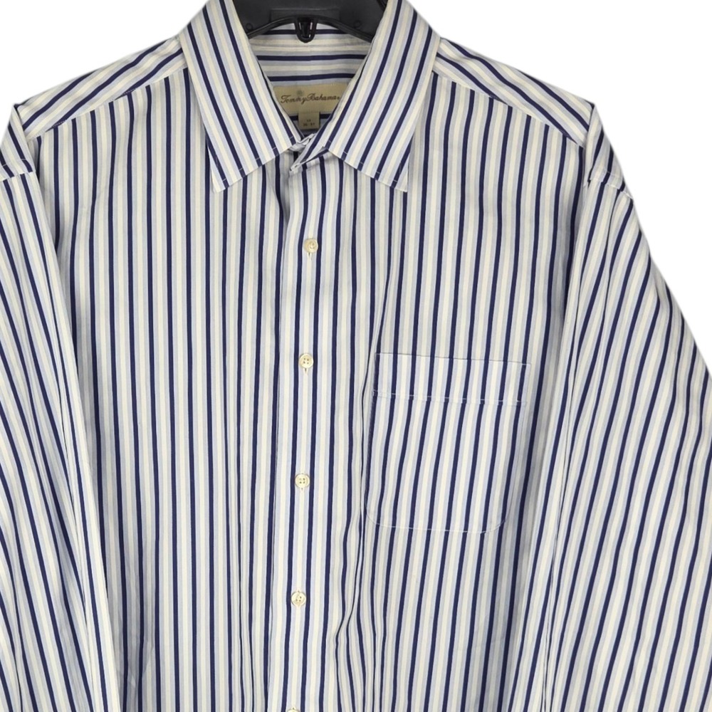 Tommy Bahama‎ Shirt Mens XL 17 36/37 Blue White Stripe 100% Cotton Long Sleeve